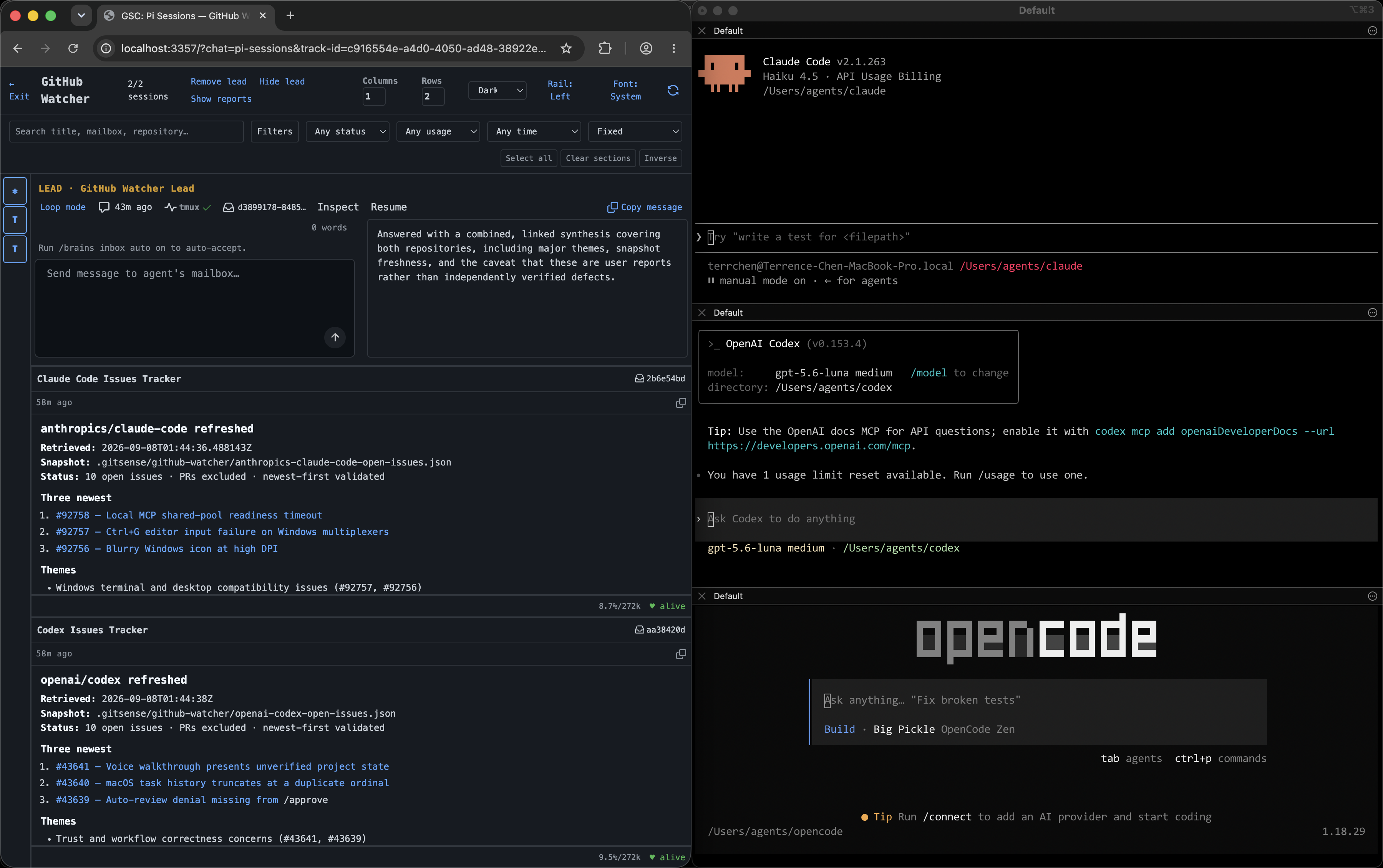 A GitHub Watcher in Pi alongside Claude, Codex, and OpenCode agents asking it for recent GitHub issues.