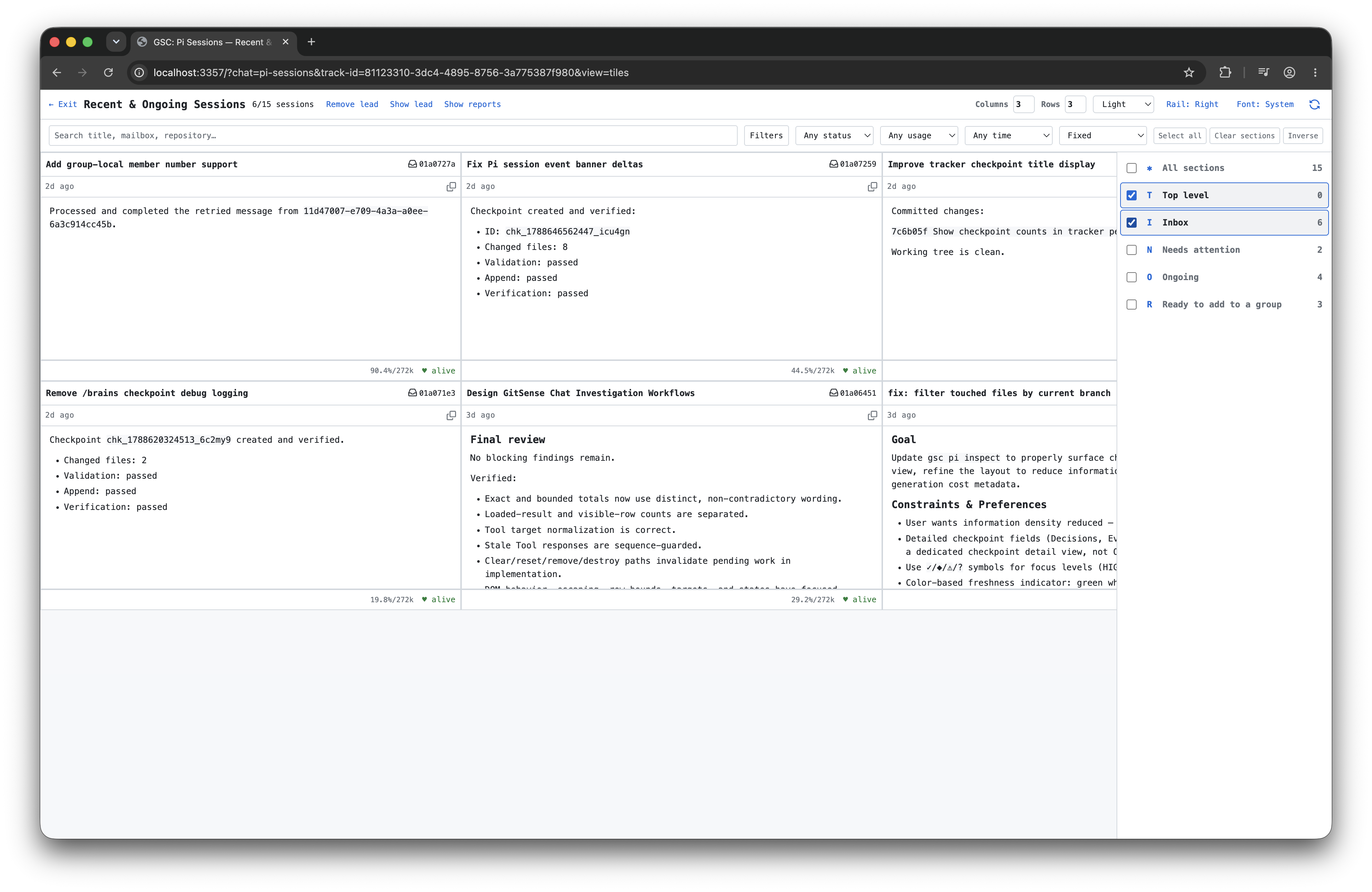 A Tiles view filtered to show selected recent-activity sections from the My Work Group.