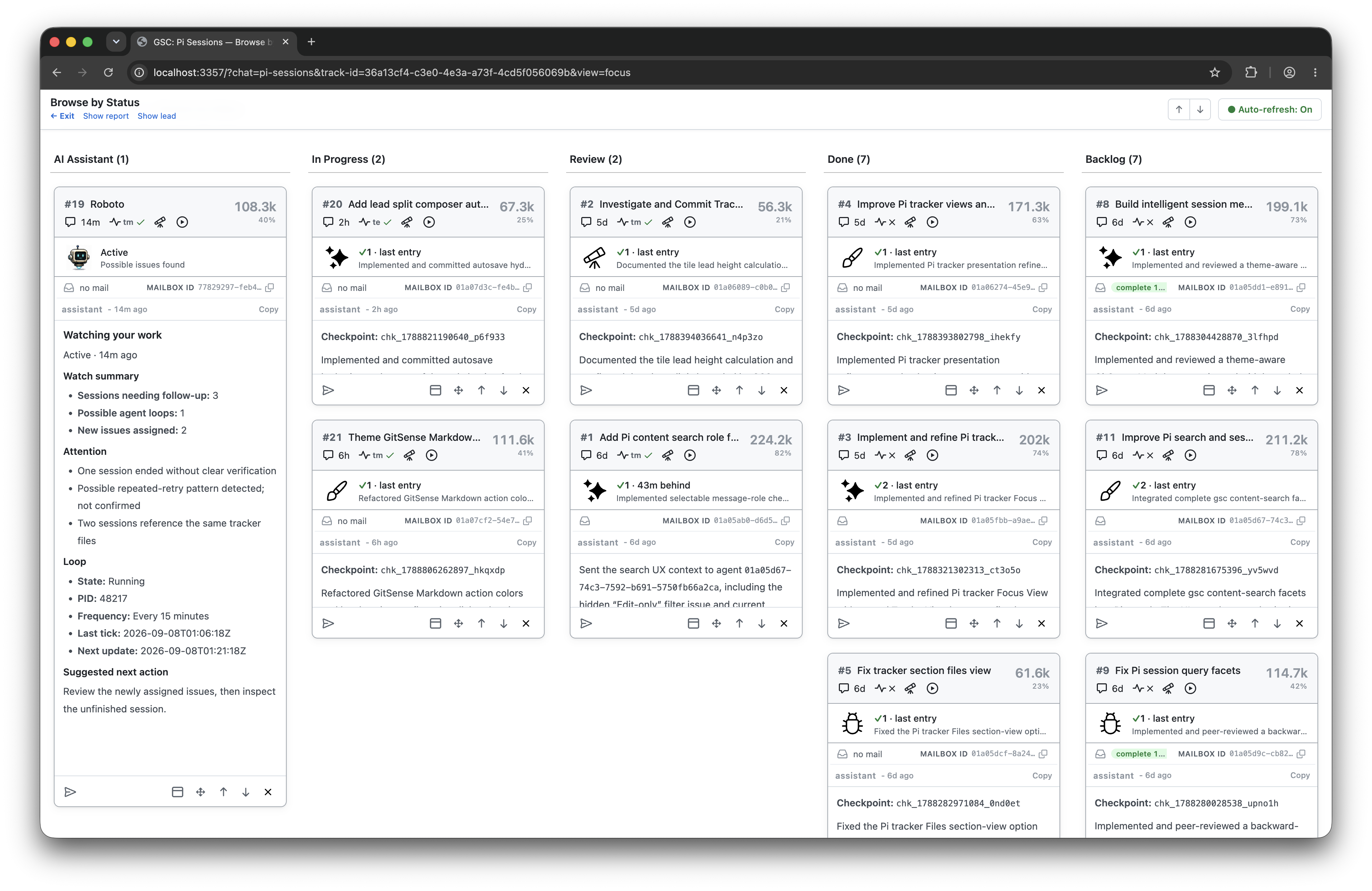 A My Work Group organized as a Kanban board with an AI assistant monitoring the sessions.