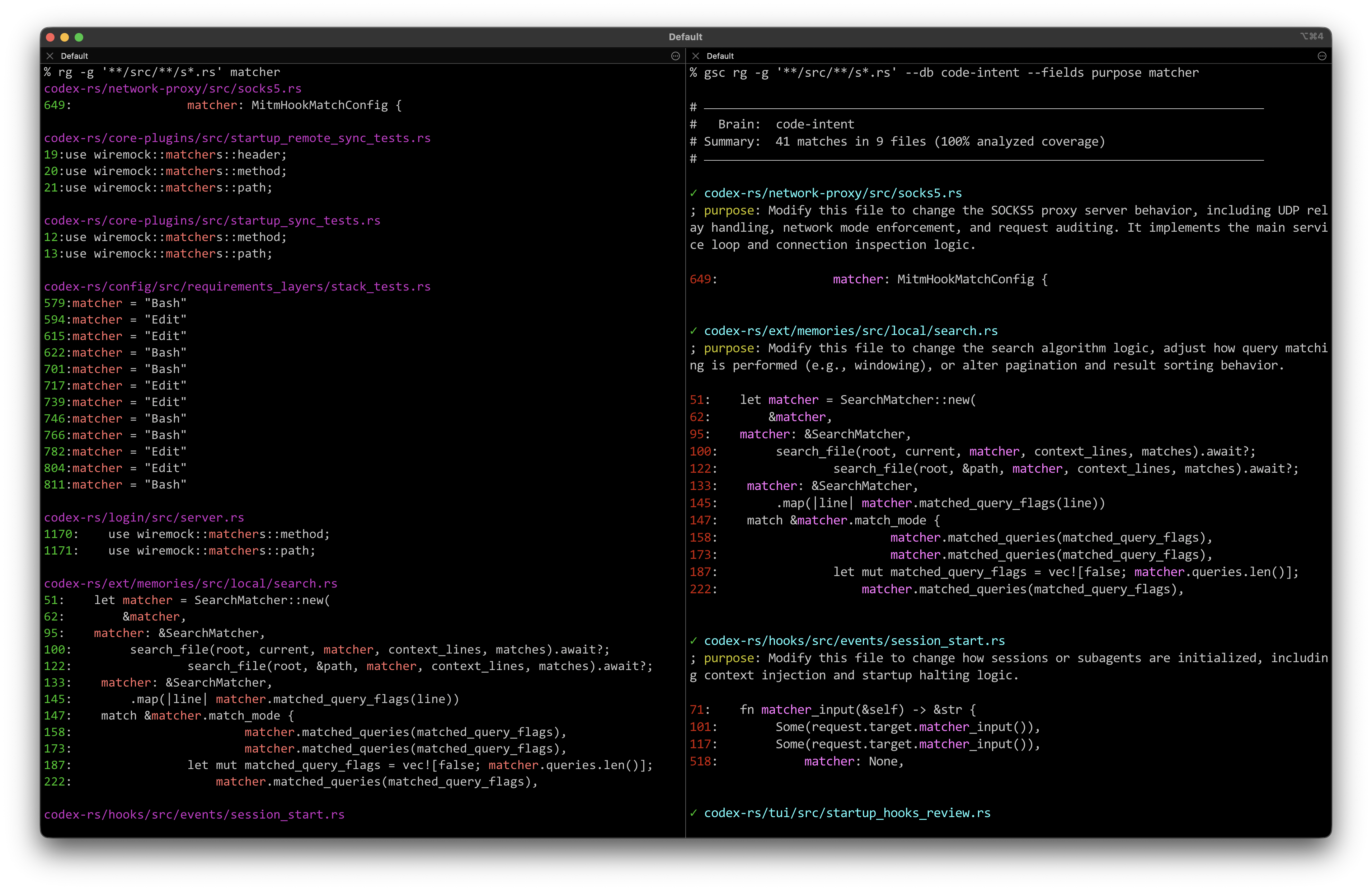 The same search in ripgrep and GitSense, with GitSense adding the purpose of each matching file as one example of useful context.
