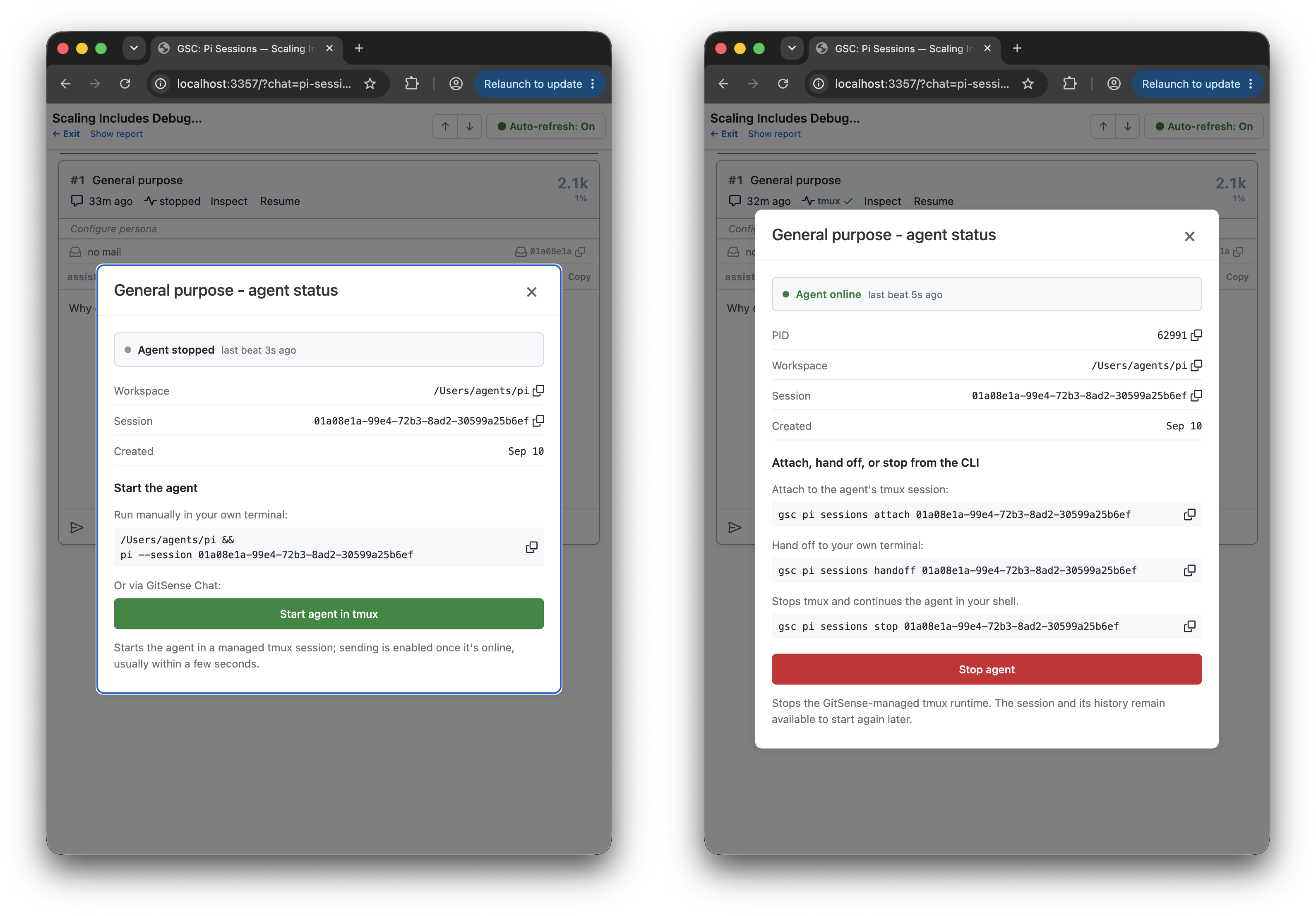 Starting and stopping a managed agent from its session view.