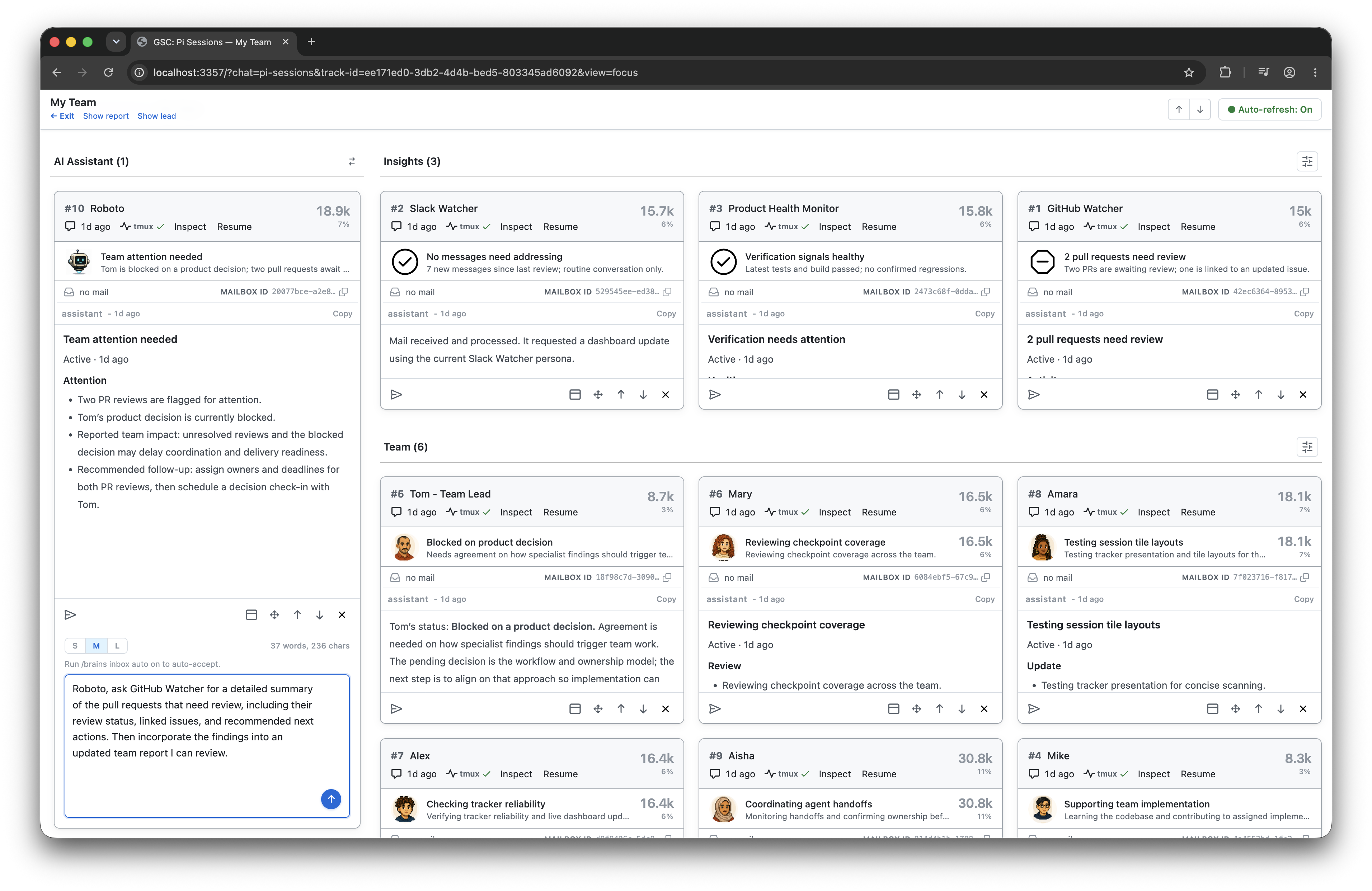 A GitSense Chat dashboard showing focused agents monitoring different responsibilities.