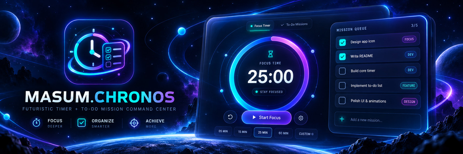 MASUM CHRONOS — futuristic Focus Timer and To-Do Mission Command Center