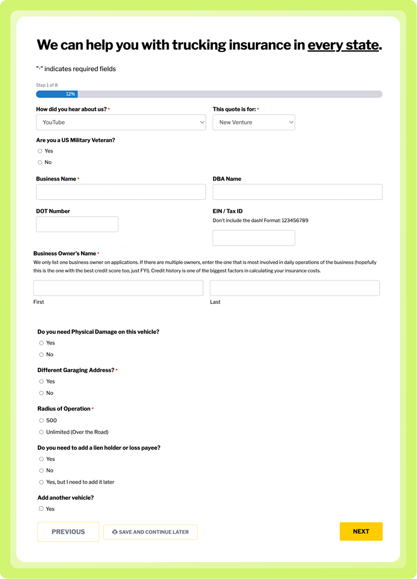 Original quote form screenshot