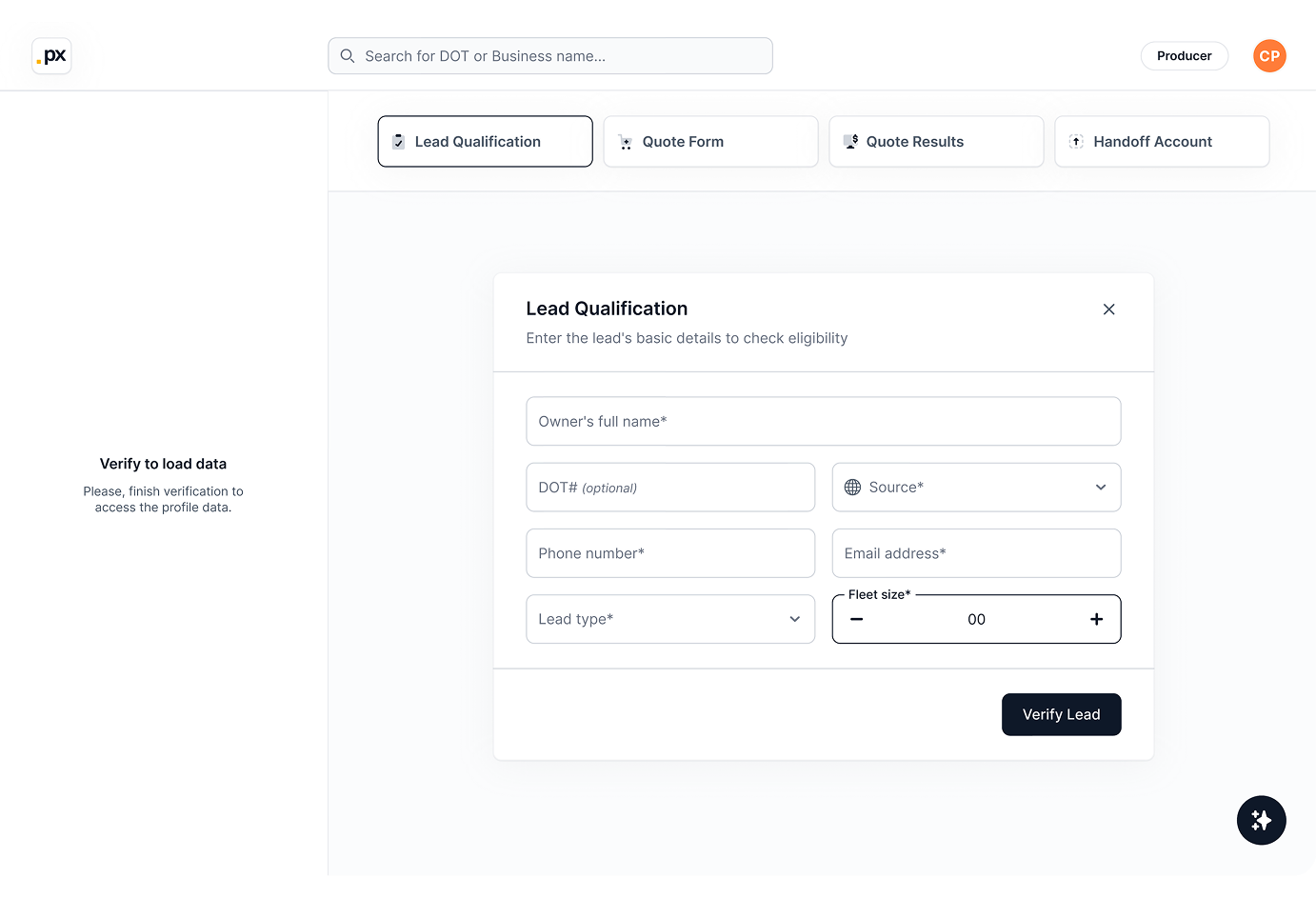 PX System UI — pre-qualification flow