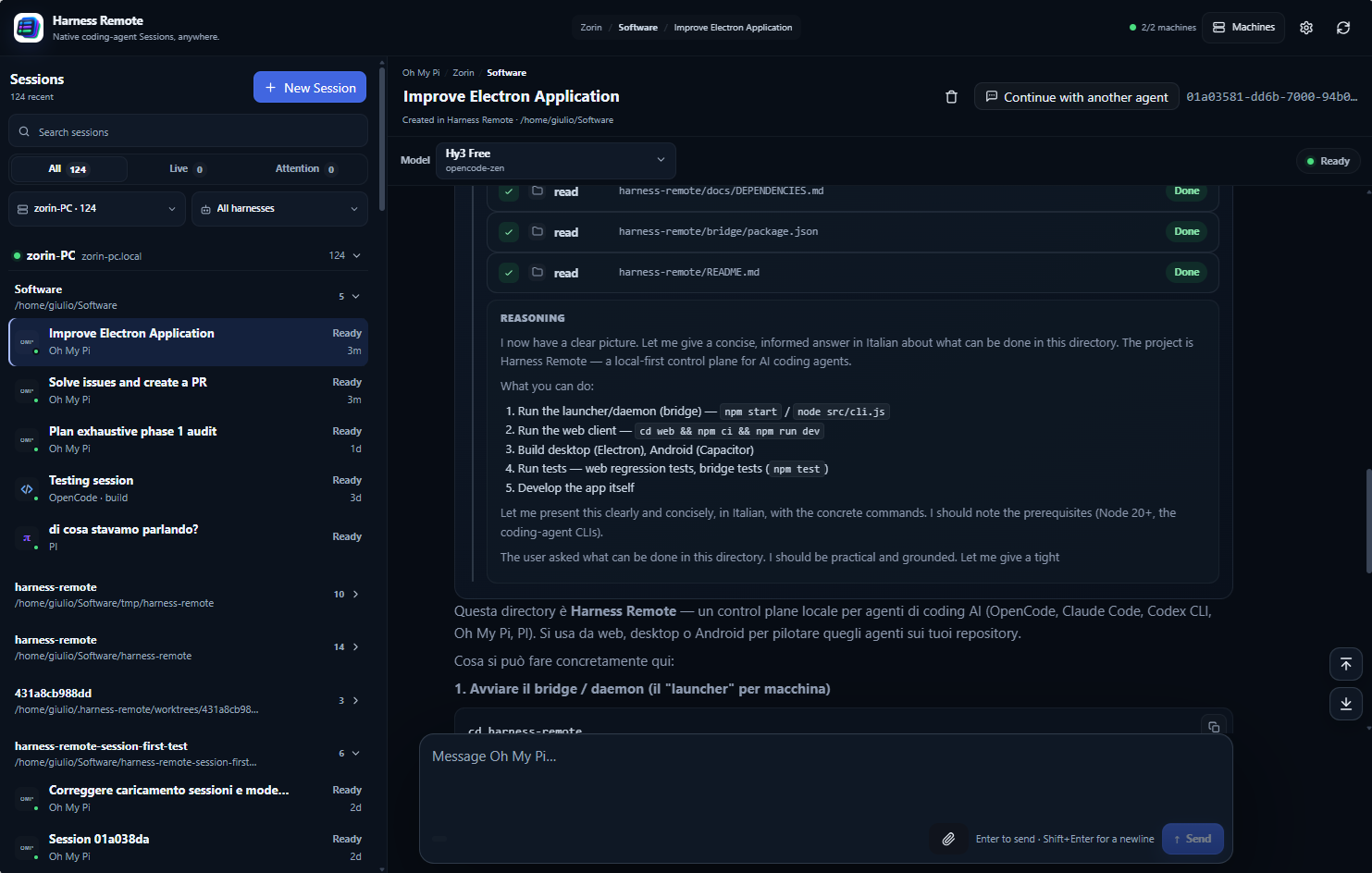Harness Remote 3 desktop workspace showing native coding-agent sessions