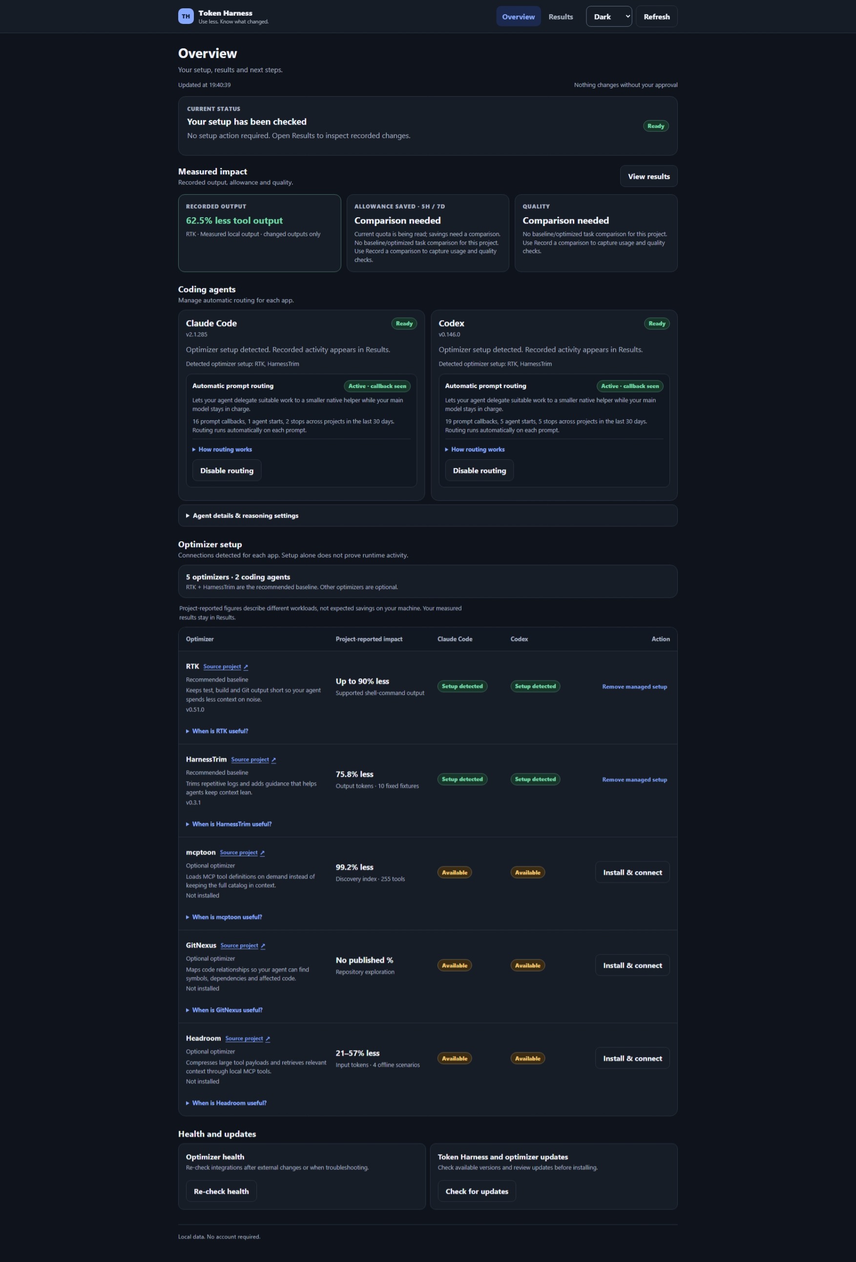 Token Harness Overview: setup status, measured impact, coding agents with automatic routing, and optimizer setup