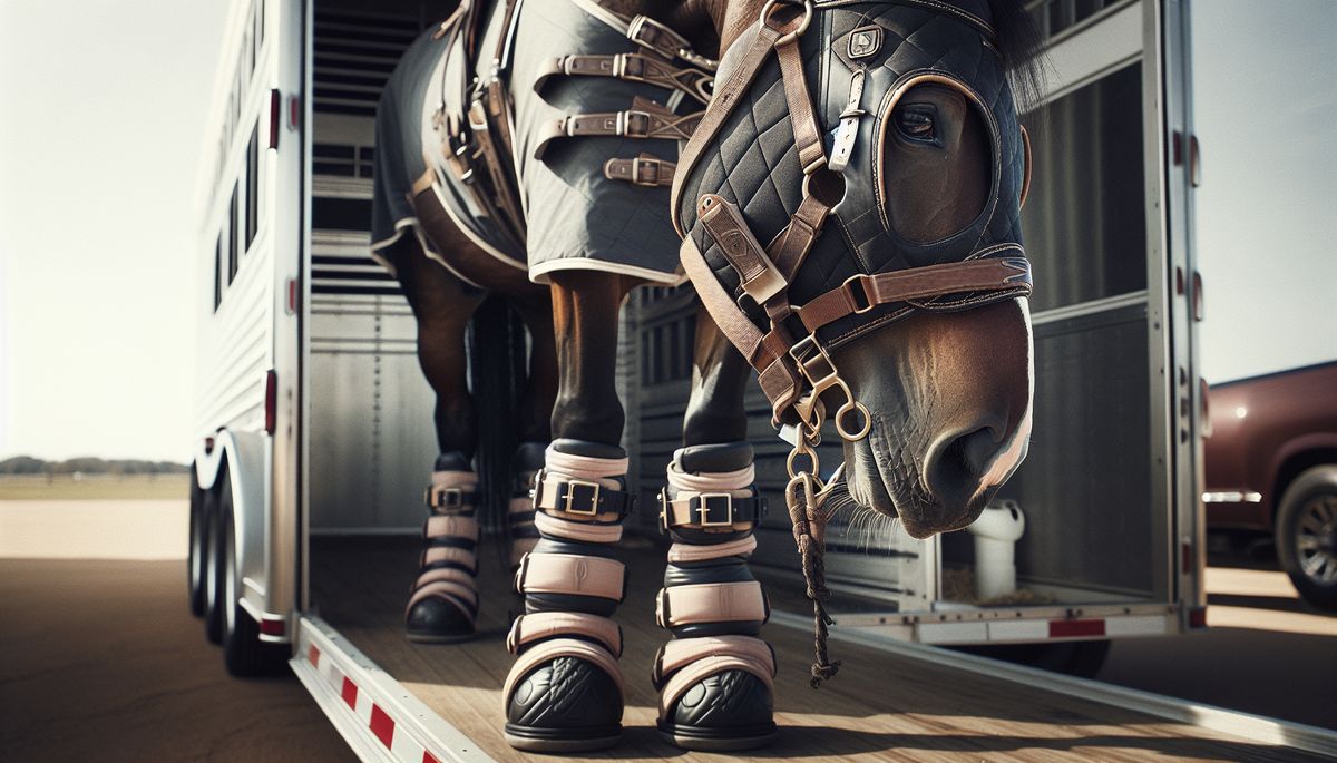 trailering horse first time beginner - Horse wearing protective shipping boots and bumper for trailering