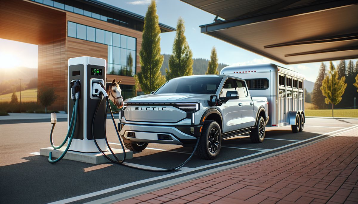 custom built horse trailers - Electric truck towing a horse trailer at a charging station