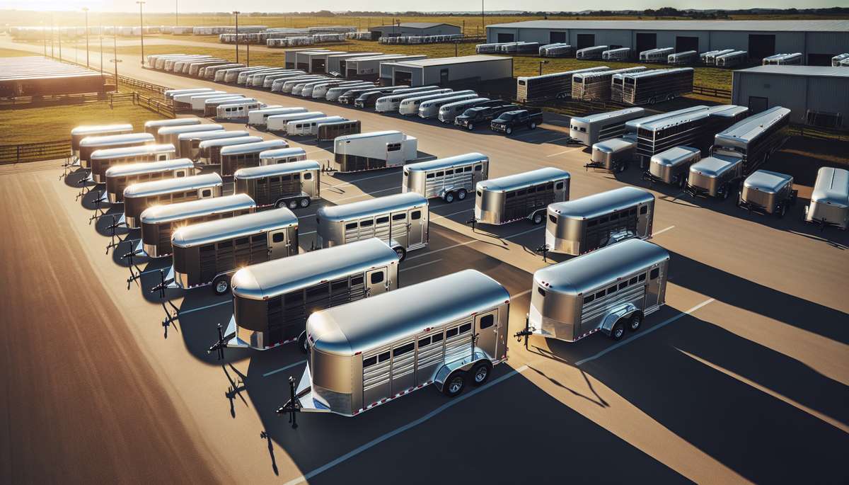 equestrian communities Houston Texas - New horse trailers lined up at a dealership lot