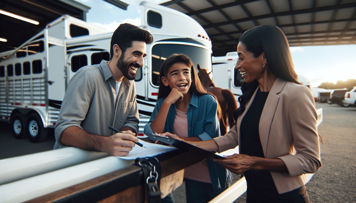 equestrian communities Houston Texas - Family shopping for horse trailers at a local dealership