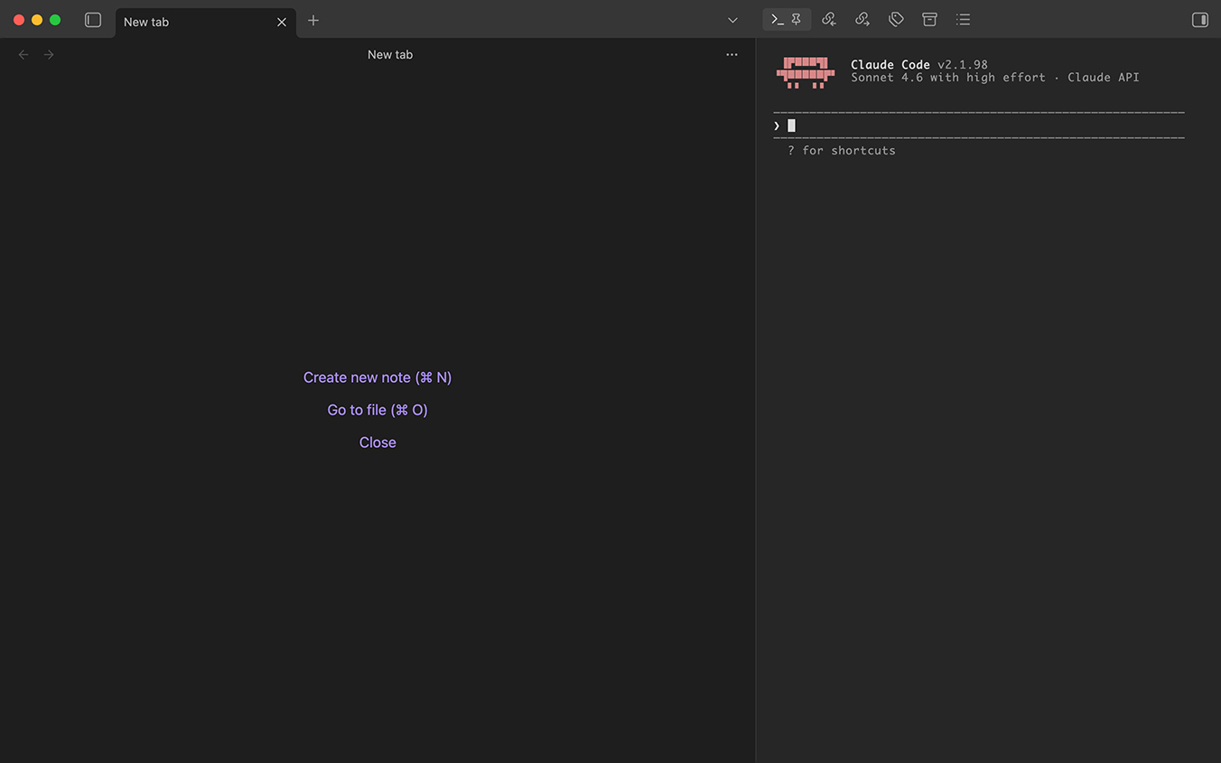 Claude Code running in Obsidian's right sidebar