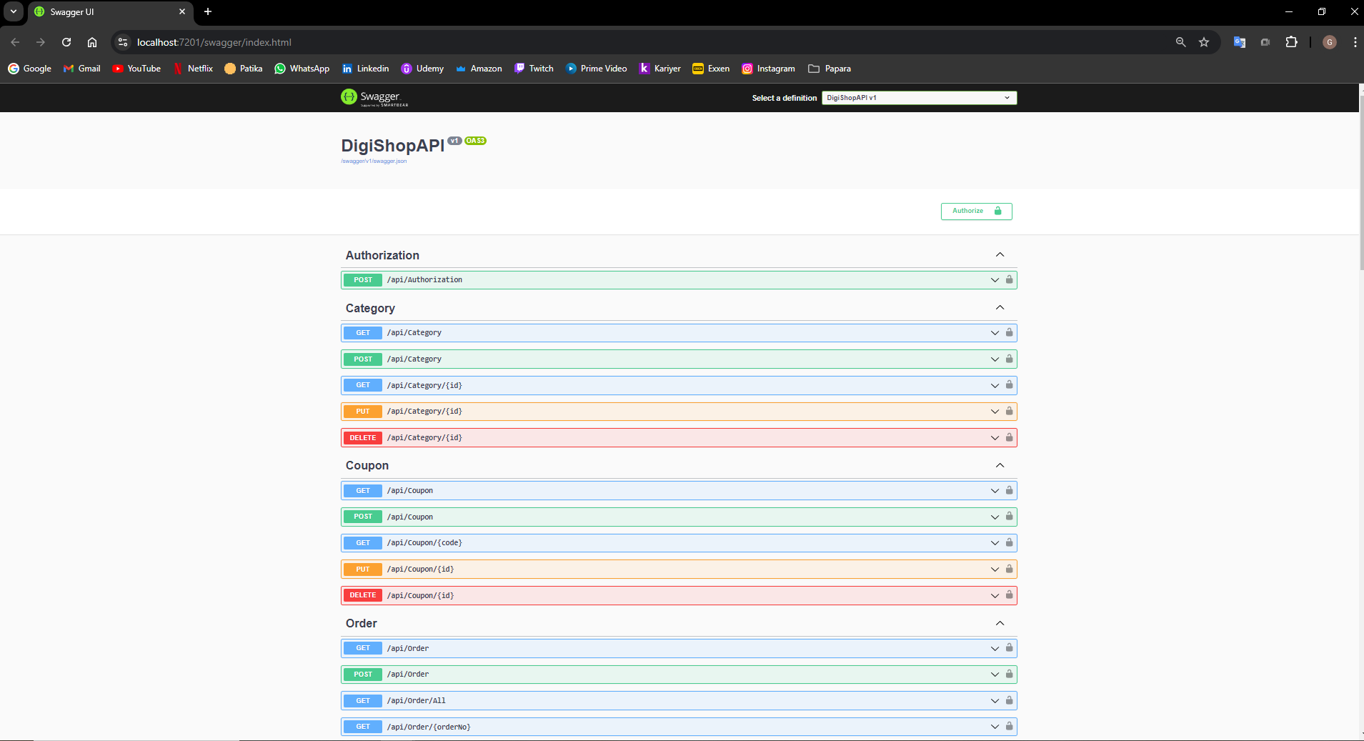 Swagger UI screenshot showing the API endpoints available in the project