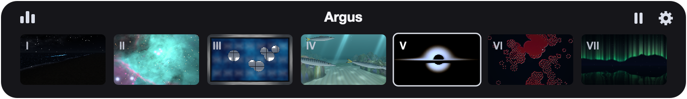 The Argus menu-bar popover: a strip of seven Space thumbnails, one per shipped theme, with Space V (Cygnus A) selected, plus pause and settings buttons