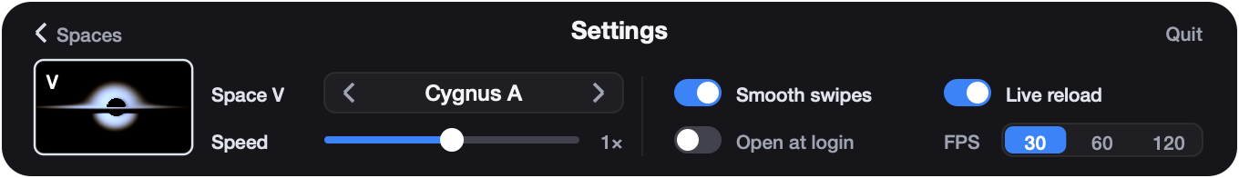 The Argus Settings view: Space V's preview and theme stepper set to Cygnus A, a speed slider at 1x, switches for smooth swipes, live reload and open at login, and a 30 / 60 / 120 FPS selector