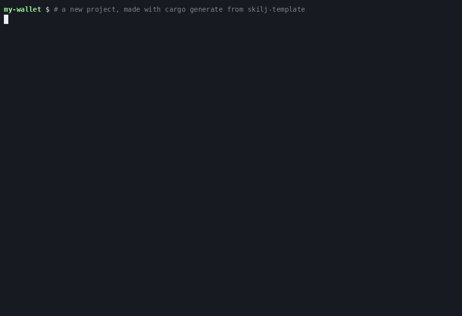 A generated skilj project starting with its own embedded Postgres, then accepting a deposit, rejecting a withdrawal larger than the balance, and accepting a smaller one
