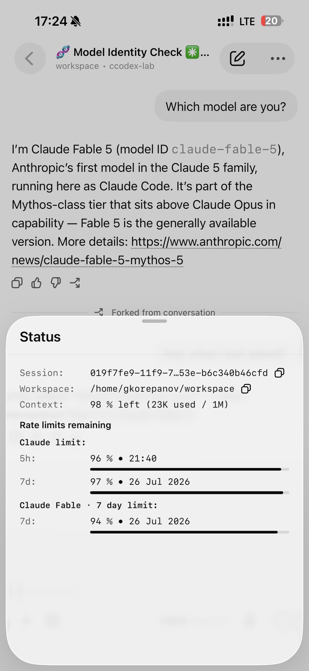 Claude usage limits in the Codex App mobile status sheet