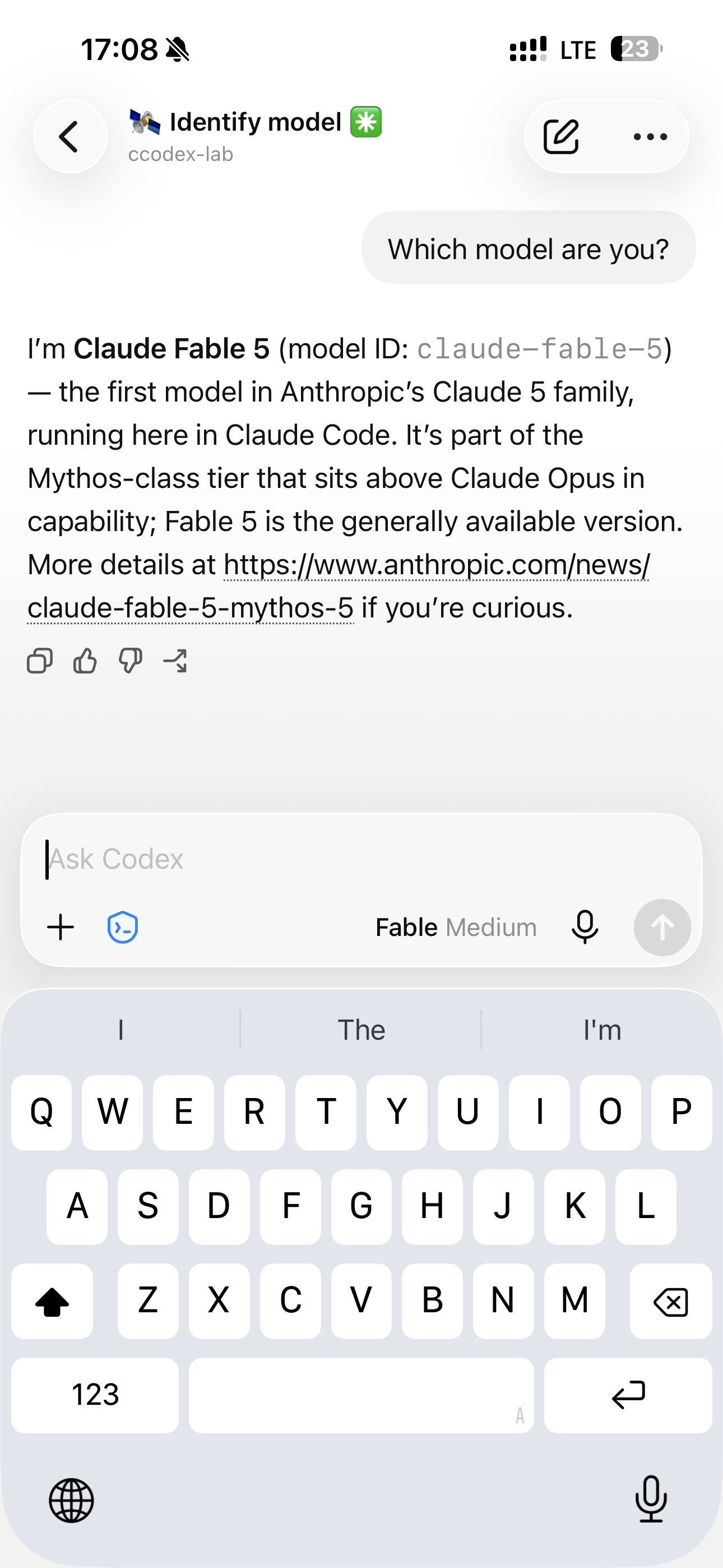 Claude Fable responding in the Codex App mobile chat