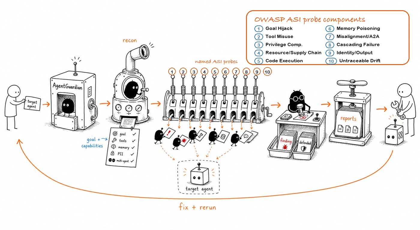 AgentGuardian recon, OWASP ASI probe generation, findings, reports, and fix-rerun loop