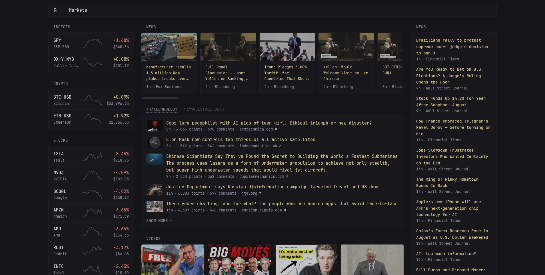 Glance markets page with stock indices, watchlists, and finance RSS feeds