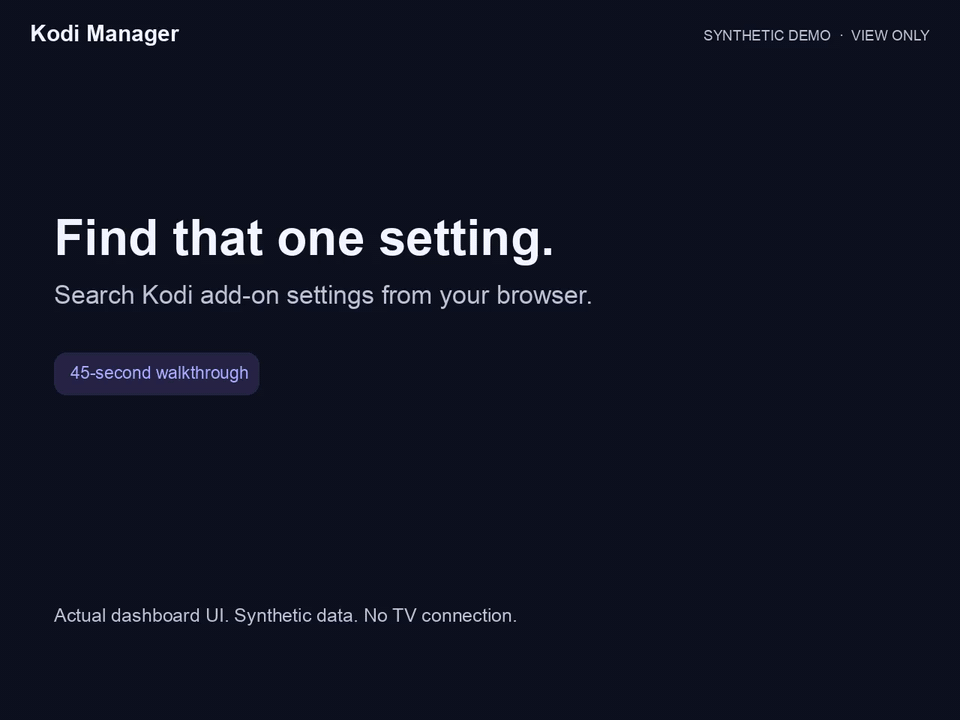 Captioned Kodi Manager walkthrough: search for quality, open the matching add-on and compare the saved value with its default