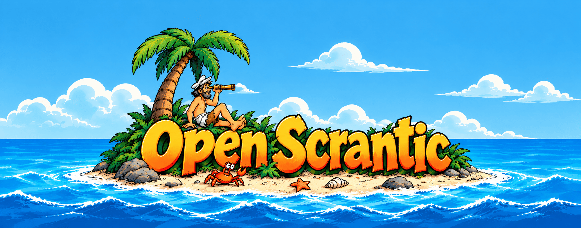 Open Scrantic — a castaway with a spyglass on a tropical island
