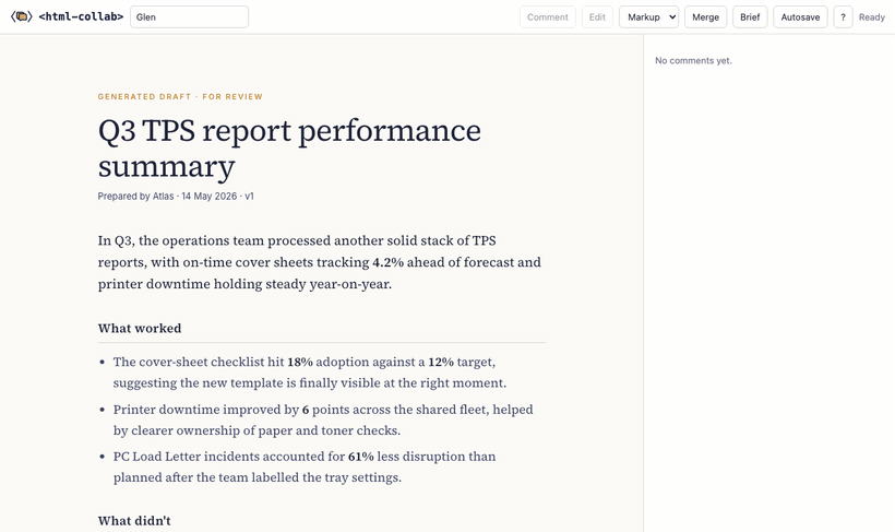 Demo: open an AI-generated report, suggest an edit, leave a comment, export a brief to paste back into the AI