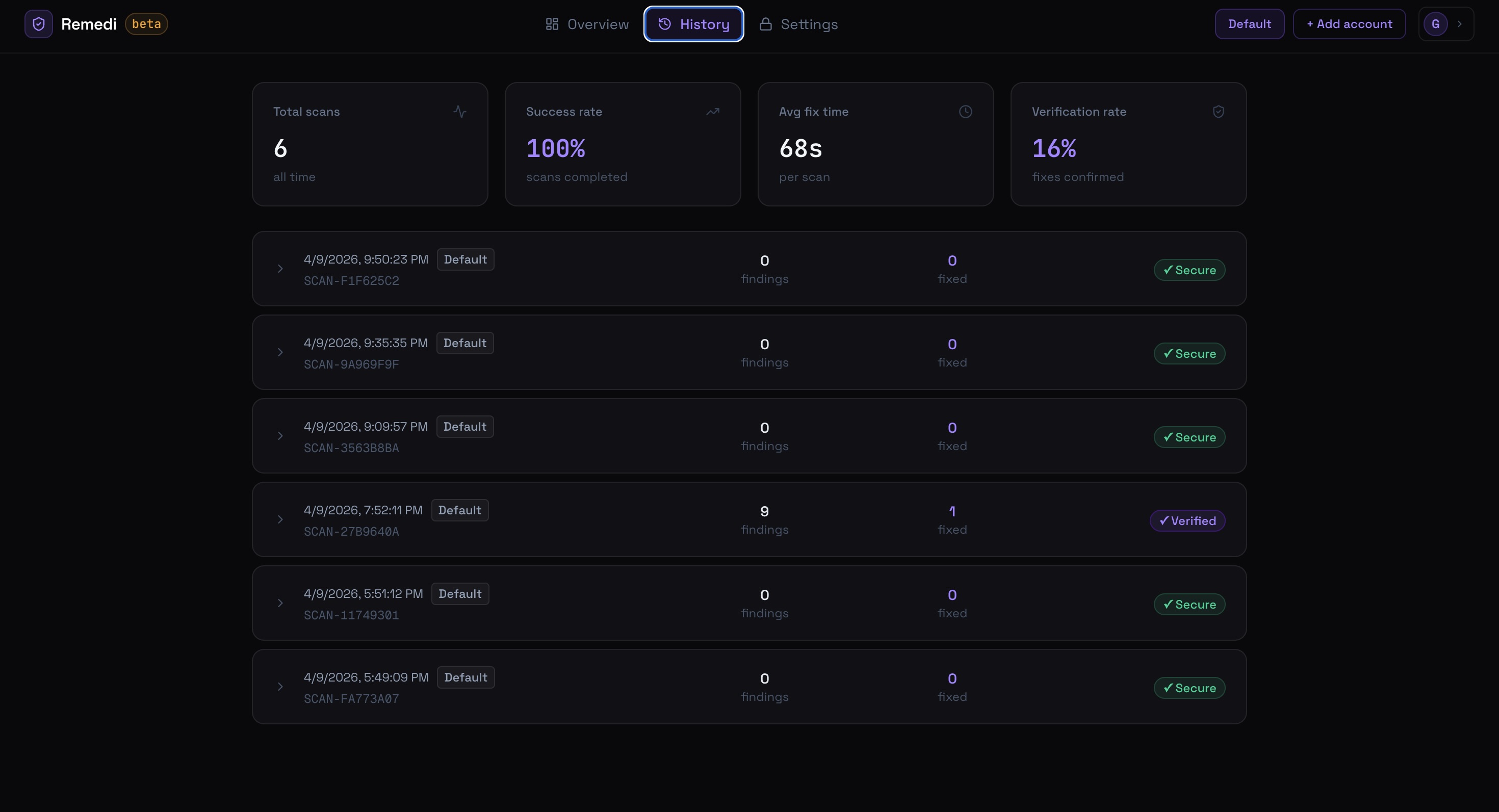Scan history and metrics