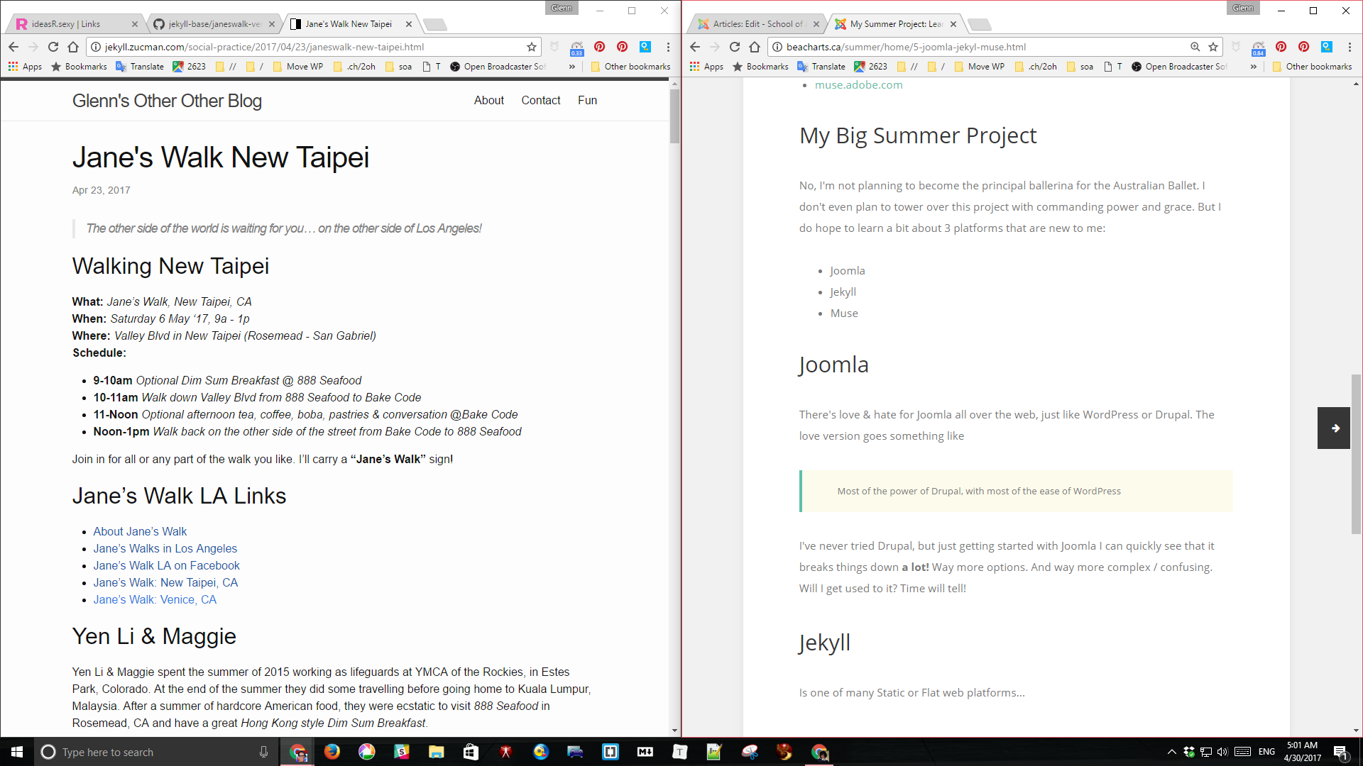 frontends compared a page of Jekyll in a window next to a page of Joomla