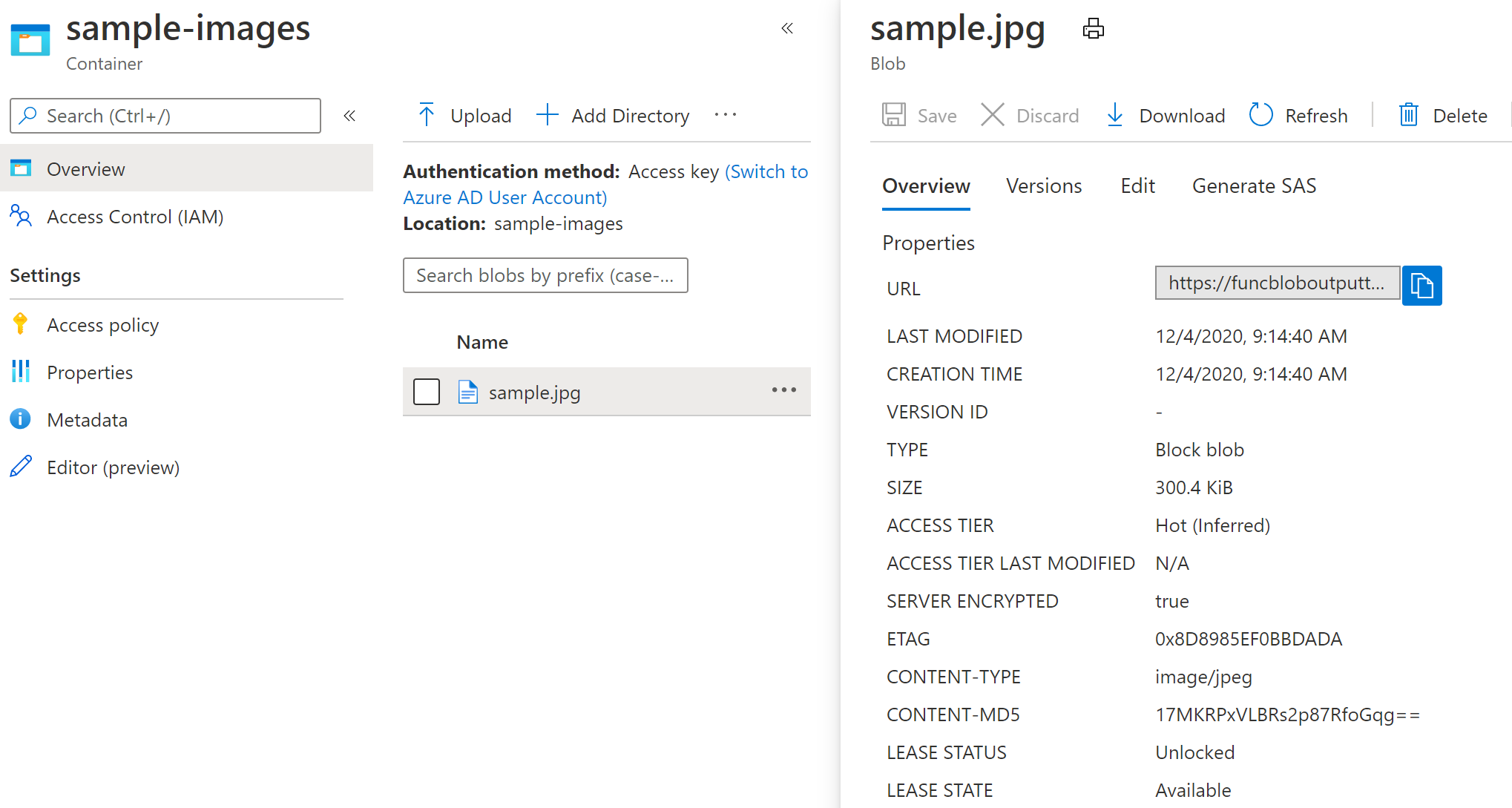 the configured blob trigger container containing a blob with content-type set