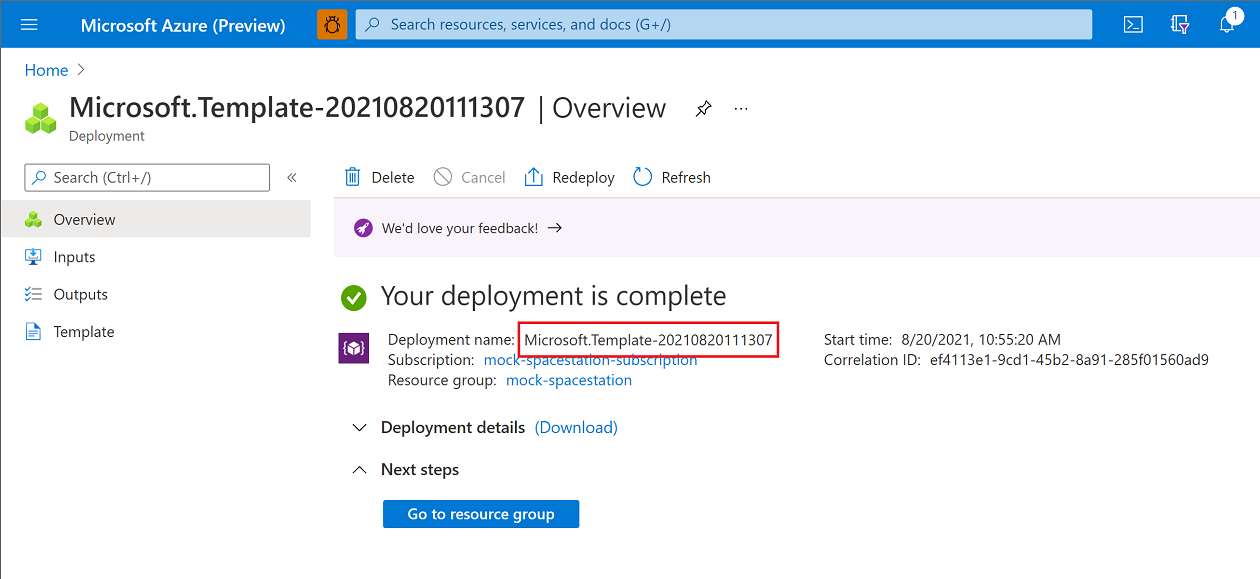 The Deployment UI in the Azure Portal showing the Deployment Name