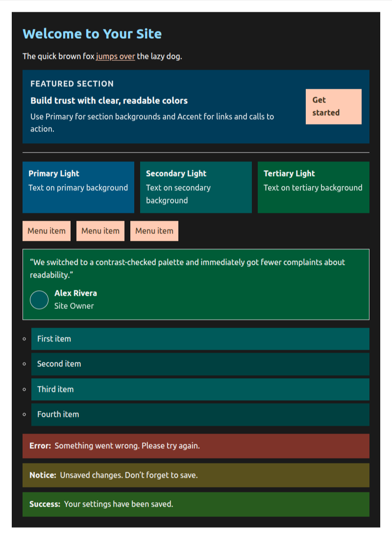 Original color order (psta for Primary, Secondary, Tertiary, Accent), dark mode