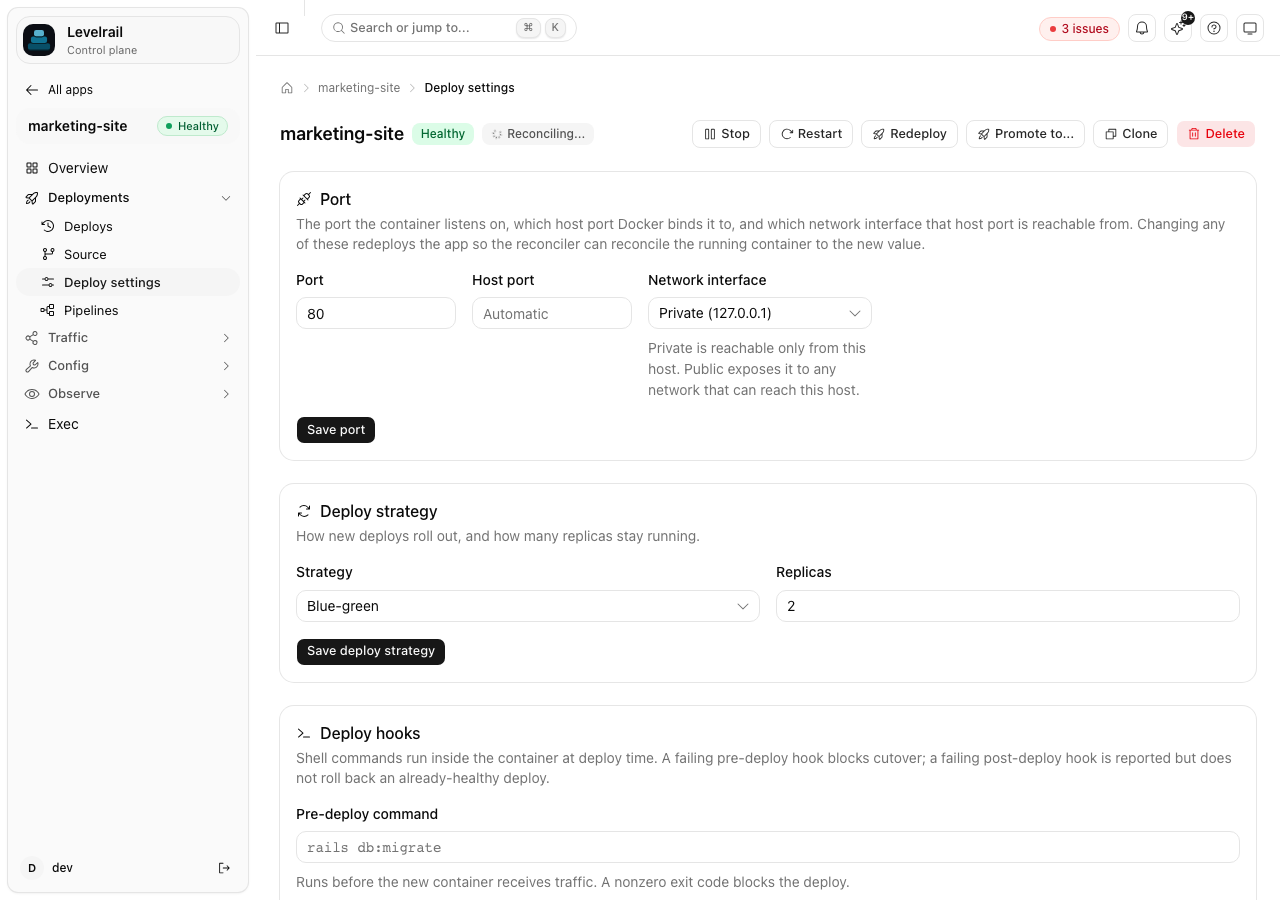 Levelrail deploy settings showing blue-green strategy and replicas