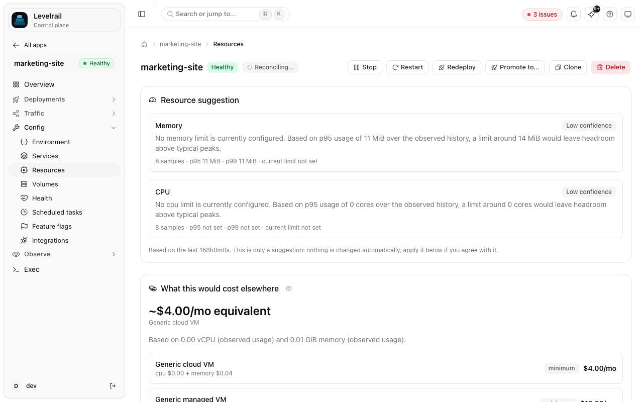 Levelrail resource suggestion and cost estimate for an app