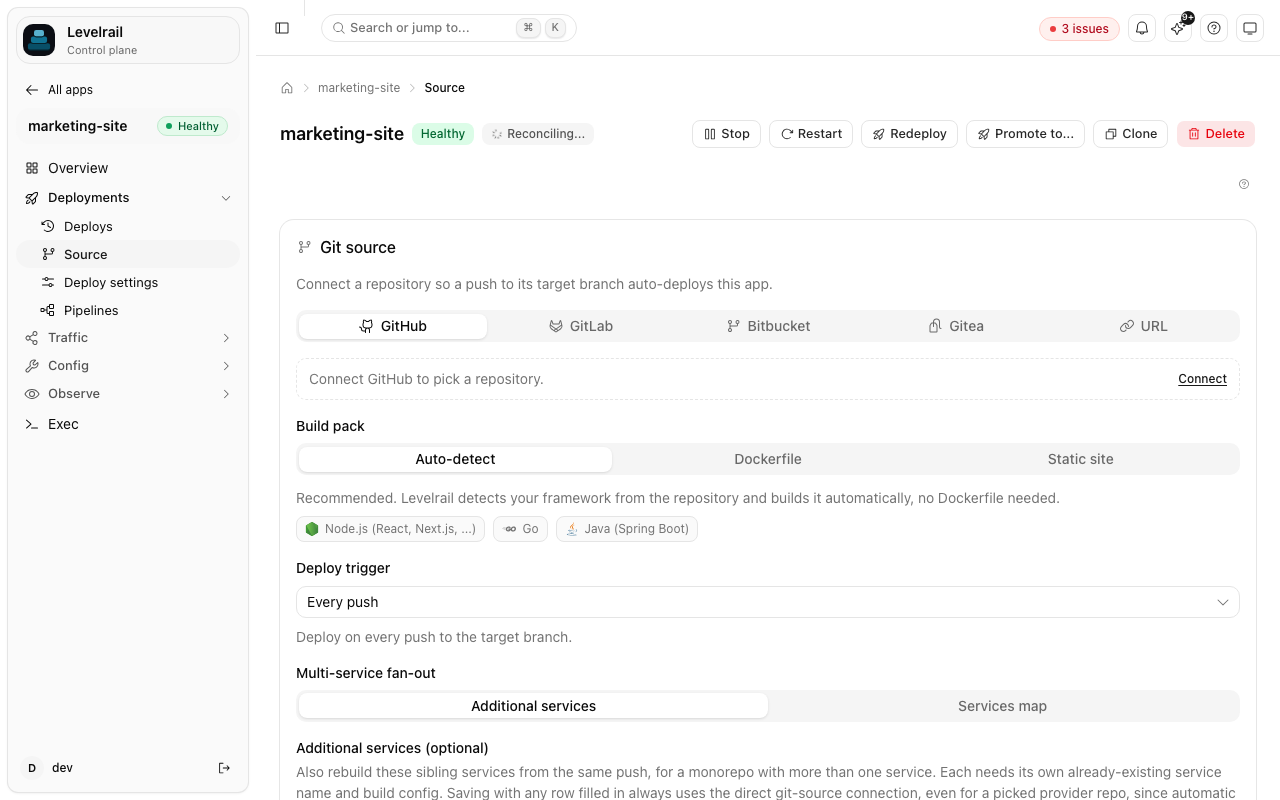 Levelrail Git source settings with GitHub, GitLab, Bitbucket, Gitea, and URL tabs