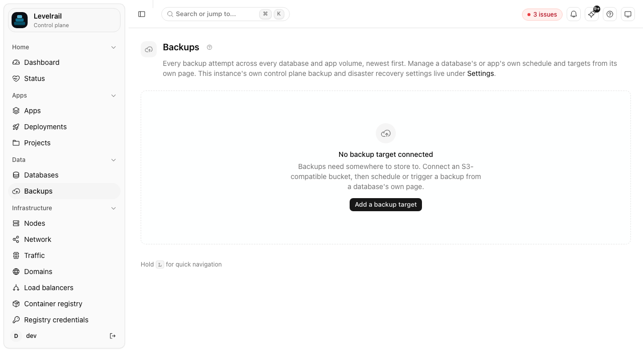 Levelrail Backups page prompting for a backup target