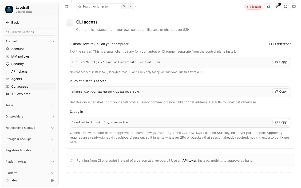 Levelrail CLI access page with install and login steps