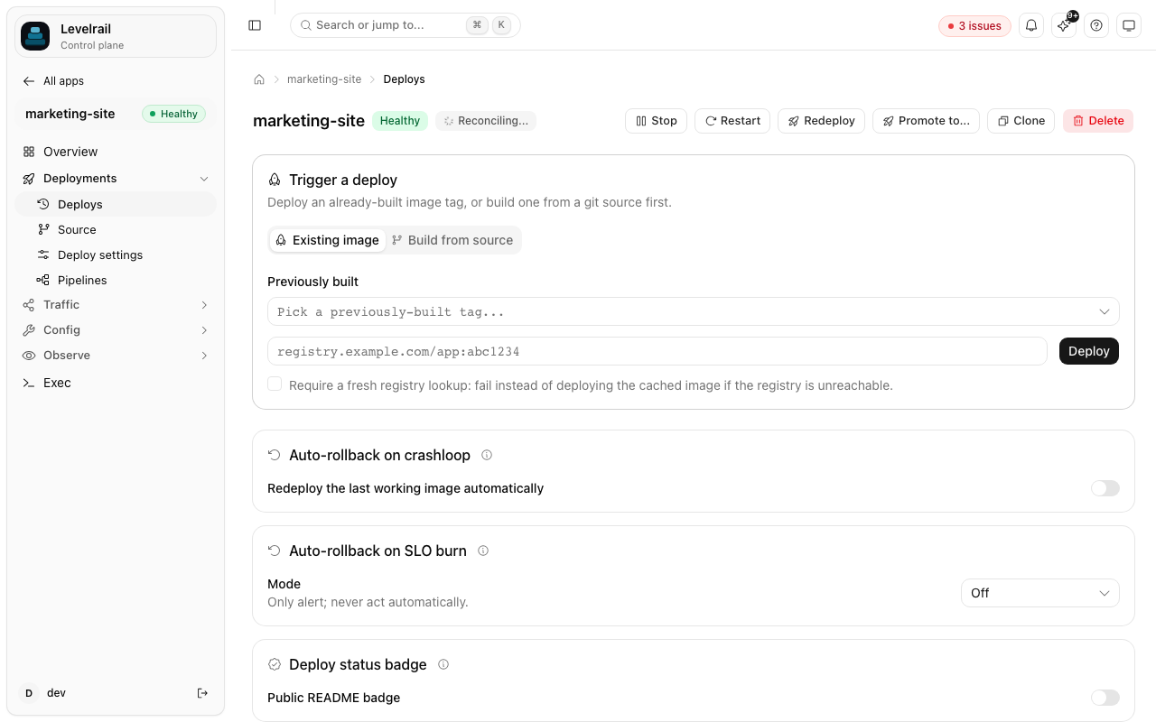 Levelrail deploy history with one-click rollback