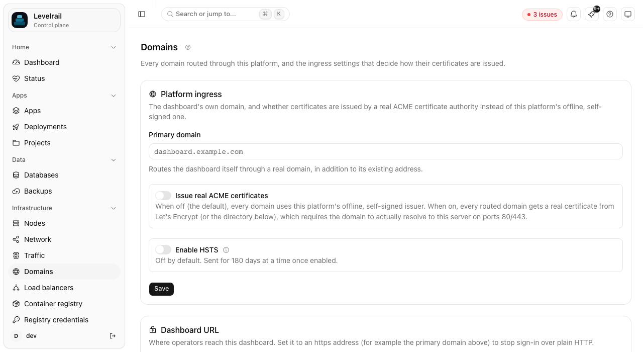 Levelrail Domains page with platform ingress settings