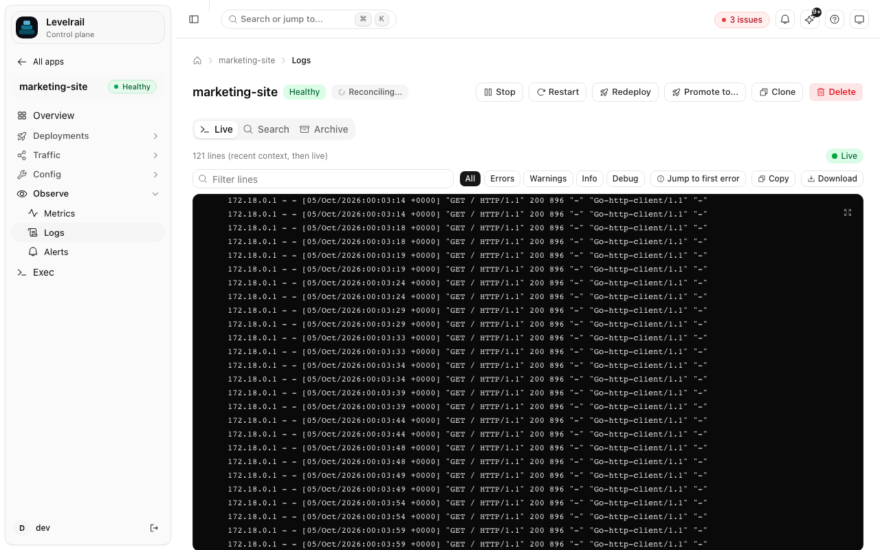Levelrail live log viewer with full-text search