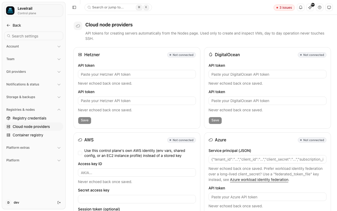 Levelrail cloud node providers settings