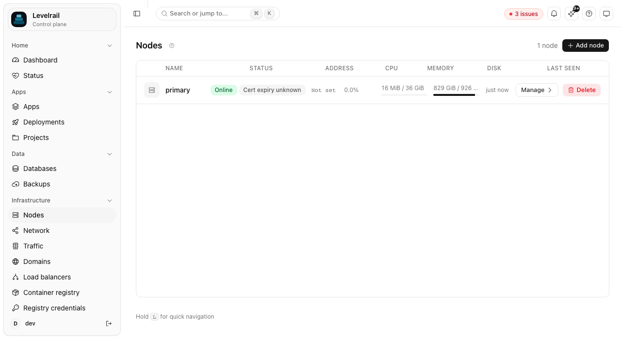 Levelrail nodes list showing health and placement