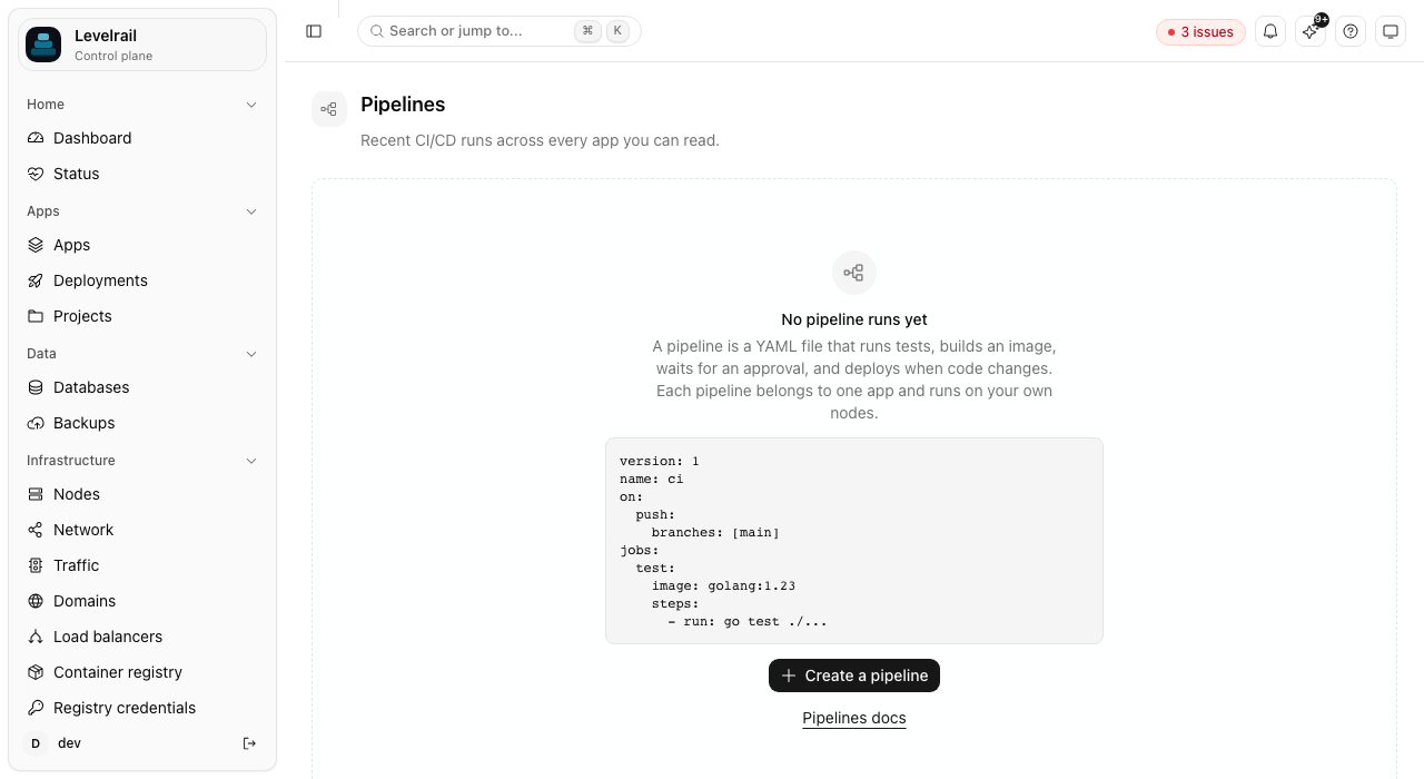 Levelrail Pipelines first-run view with a sample pipeline file
