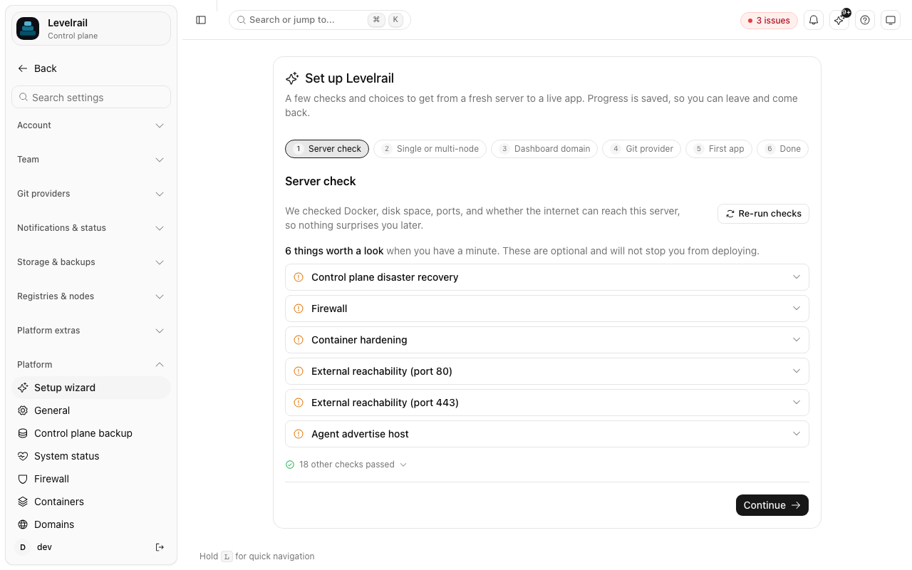 Levelrail setup wizard running server checks on a fresh install