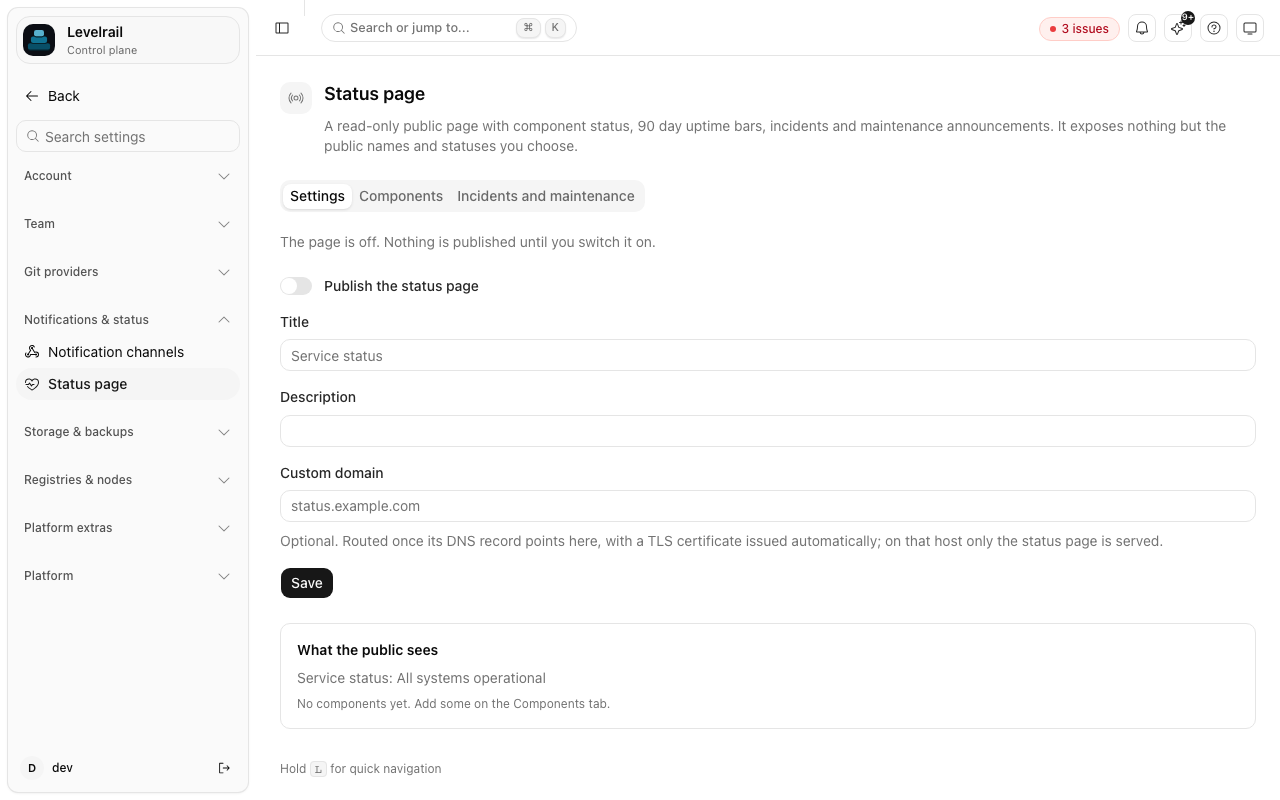 Levelrail status page settings, switched off by default