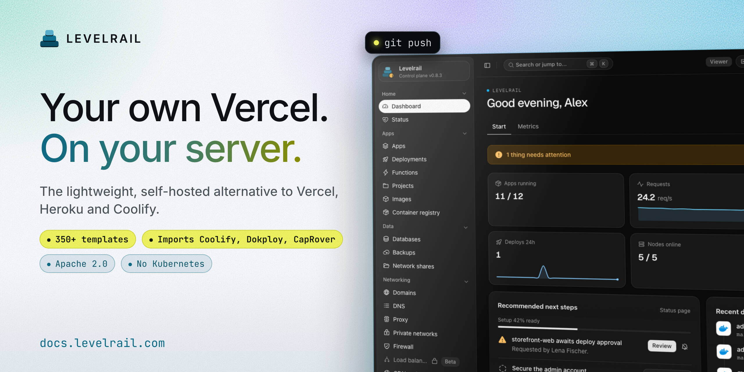 Levelrail: your own Vercel, on your server. The lightweight, self-hosted alternative to Vercel, Heroku and Coolify.