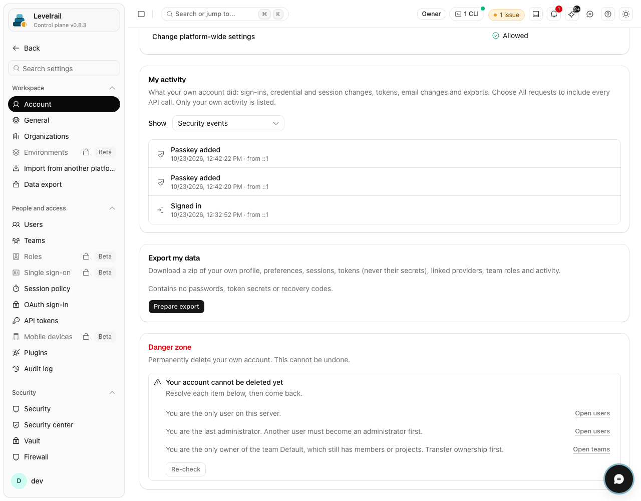 Levelrail dashboard: Account activity feed