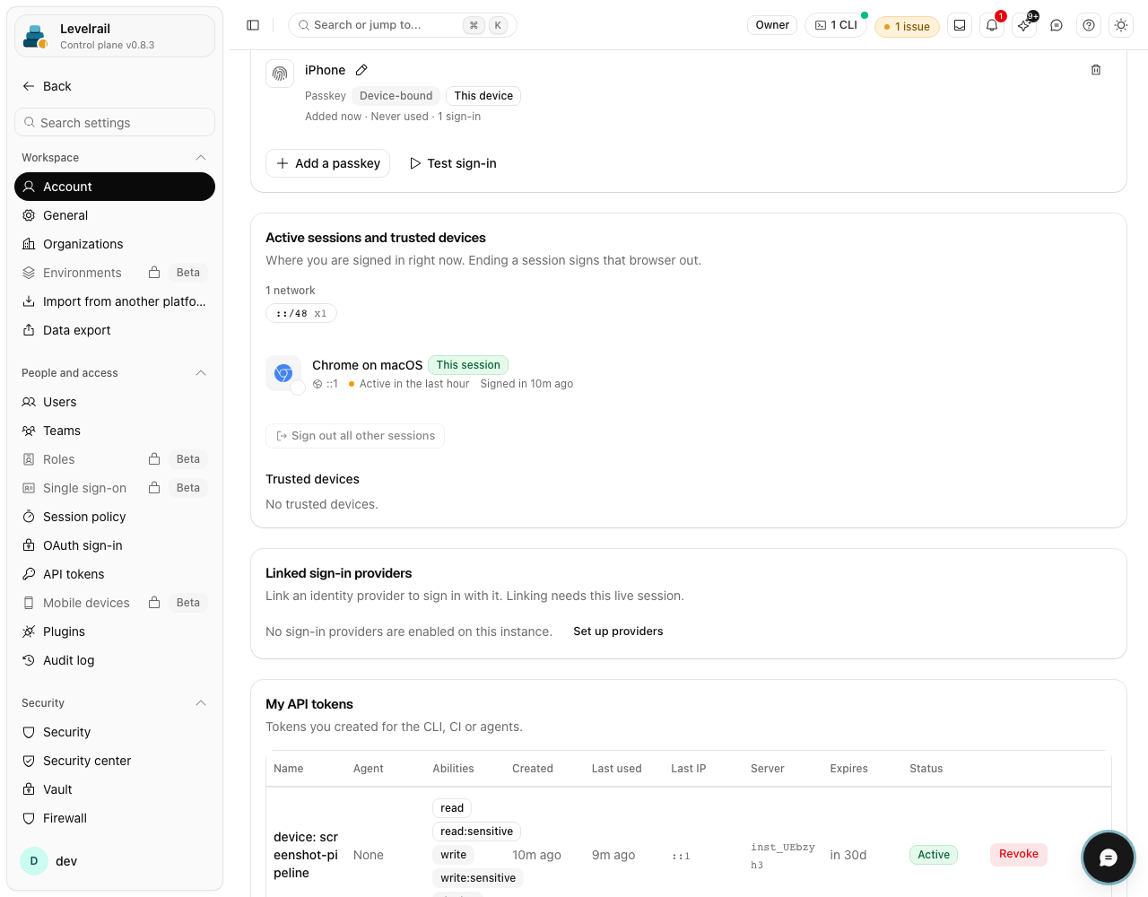 Levelrail dashboard: Passkey manager