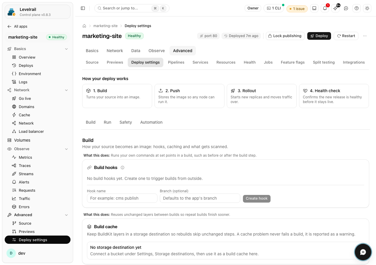 Levelrail dashboard: Deploy strategy and health settings