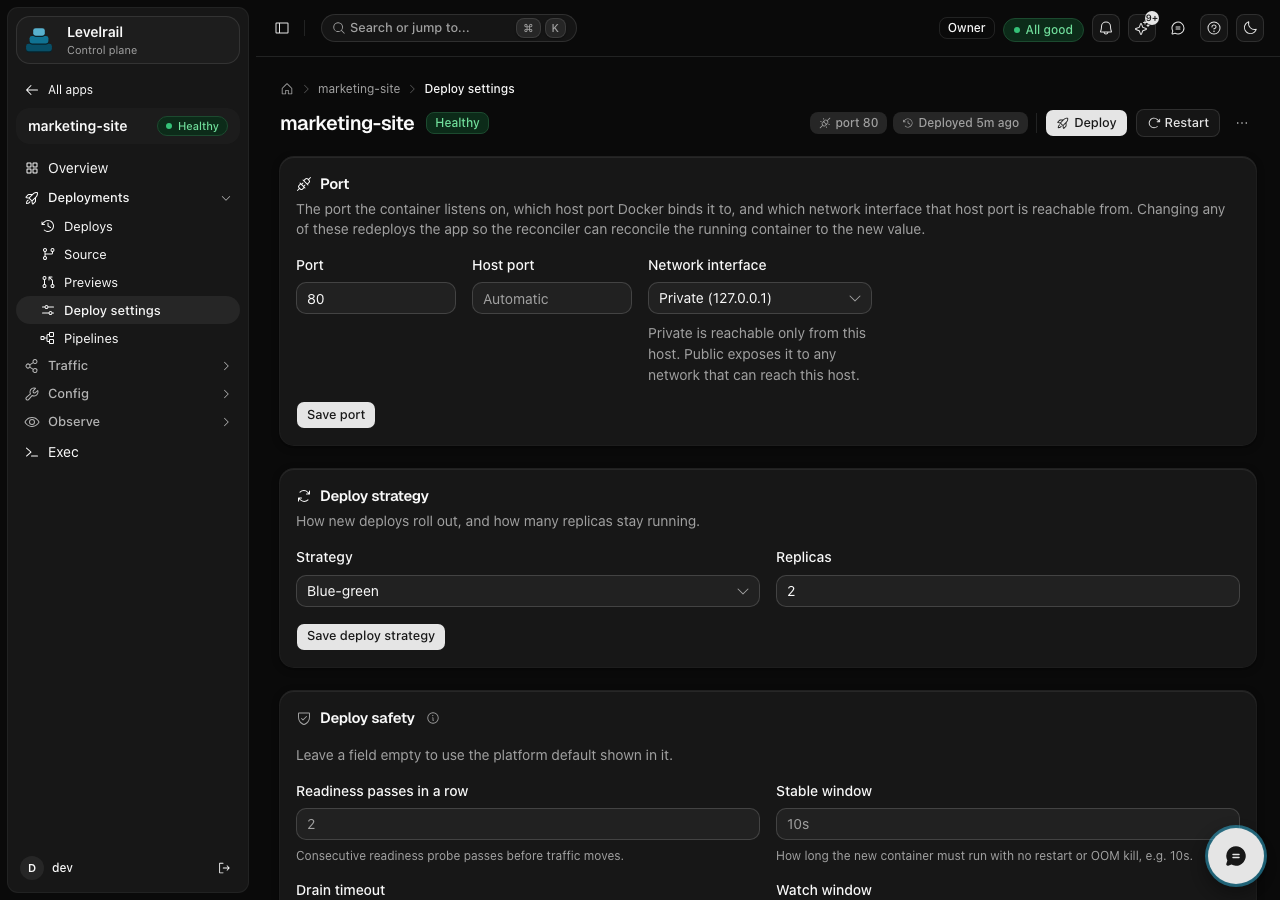 Levelrail deploy settings showing blue-green strategy and replicas